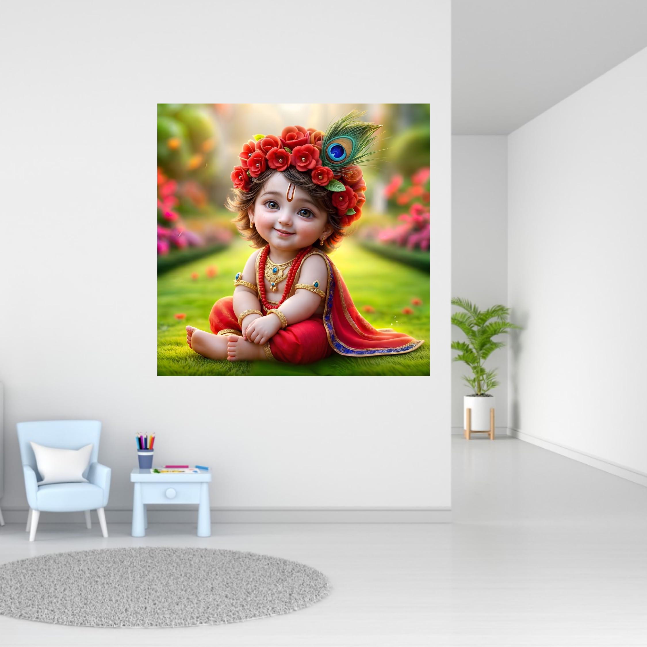 Baby Krishna Poster | Spiritual Wall Décor with Peacock & Floral Charm | Premium Art for Living Room, Bedroom & Prayer Room | Vibrant Colors & Intricate Detailing | Perfect Home Décor | 40 x 40 cm