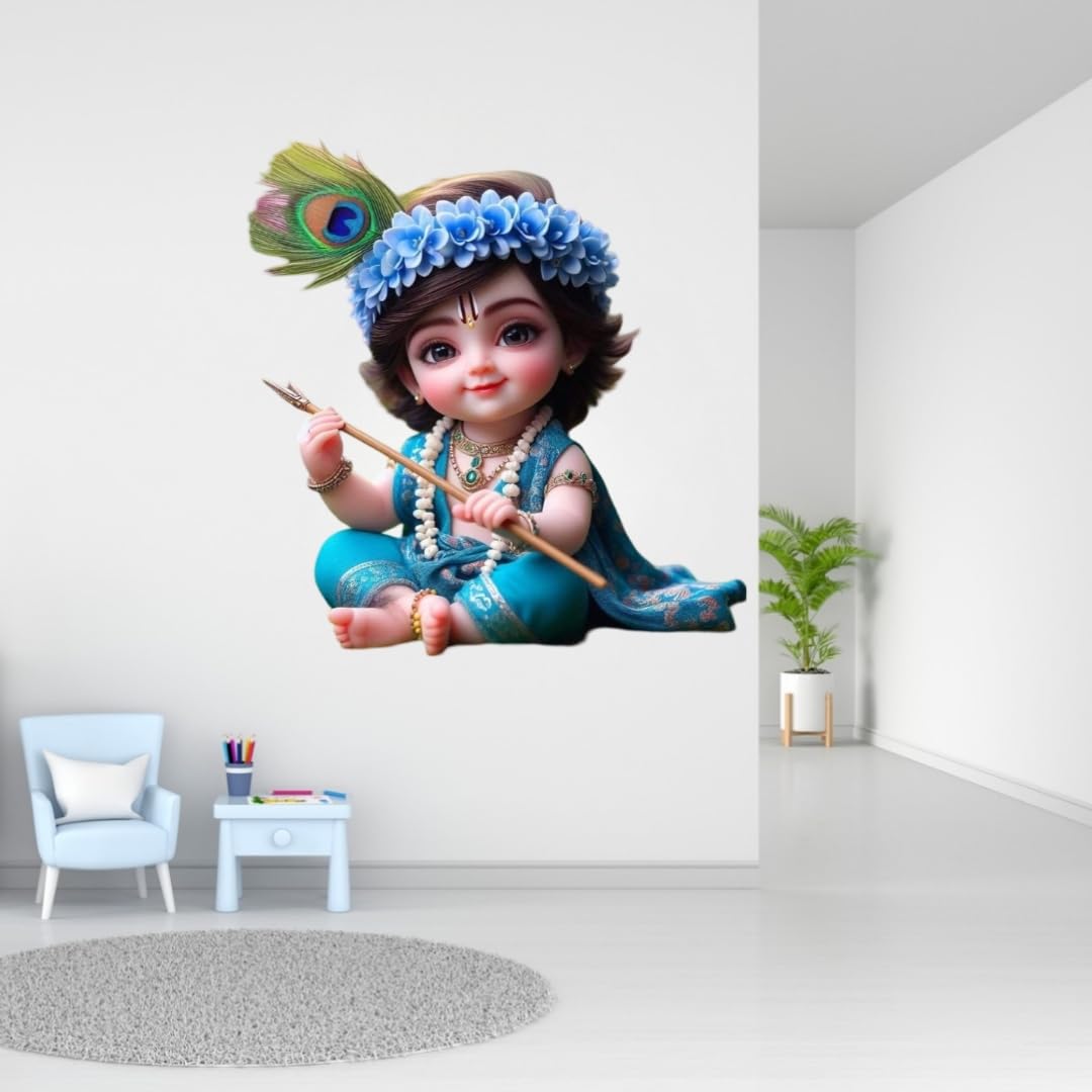 Lord Krishna Wall Sticker, Blue Floral Crown with Peacock Feather, Religious Home Decor, 45x60 cm