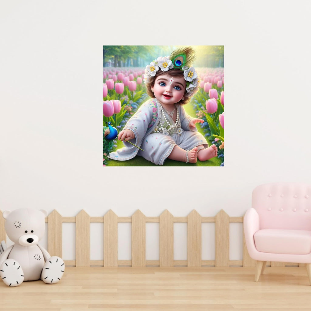 Cryptofeno Exquisite Lord Krishna Baby Poster - Divine Infant Art for Home Décor - Self Adhesive Vinyl Poster