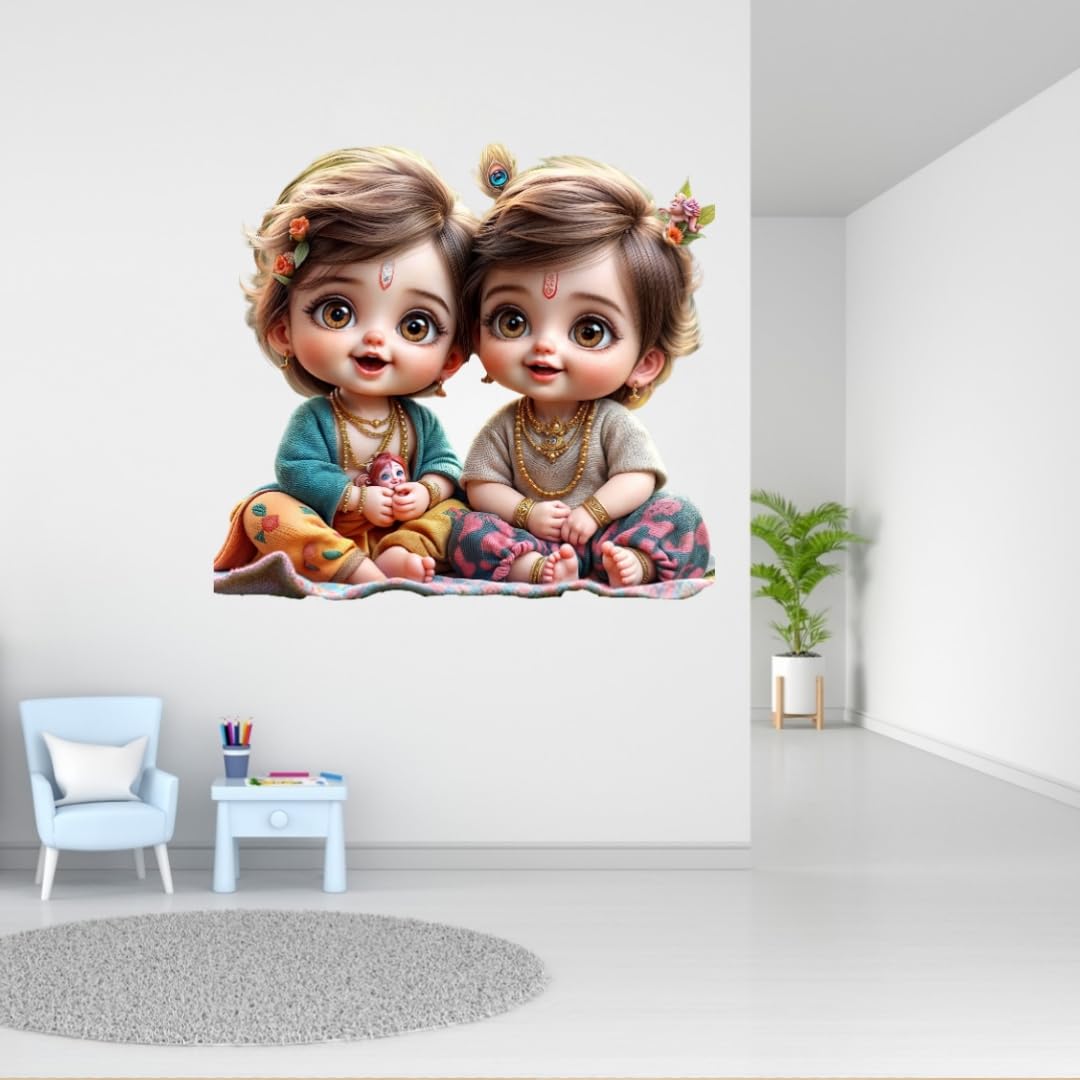 Cute Krishna Balram Wall Sticker, Large Decorative Sticker for Children's Study Room, Nursery Wall Art with Floral Accents