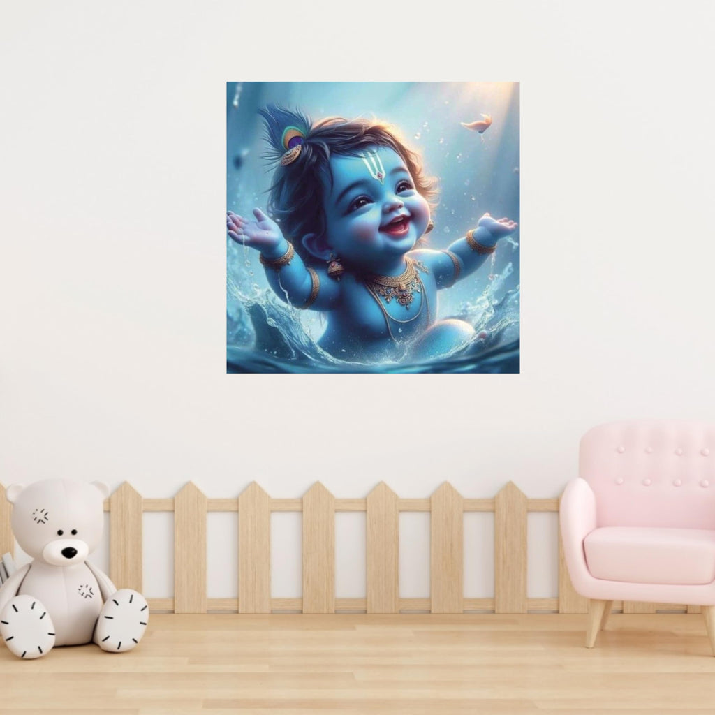 Divine Baby Krishna Wall Sticker | Spiritual Décor Featuring Peacock Feather, Flute & Intricate Jewelry | Premium PVC Vinyl | Ideal for Living Rooms, Bedrooms & Prayer Areas | 40 x 40 cm