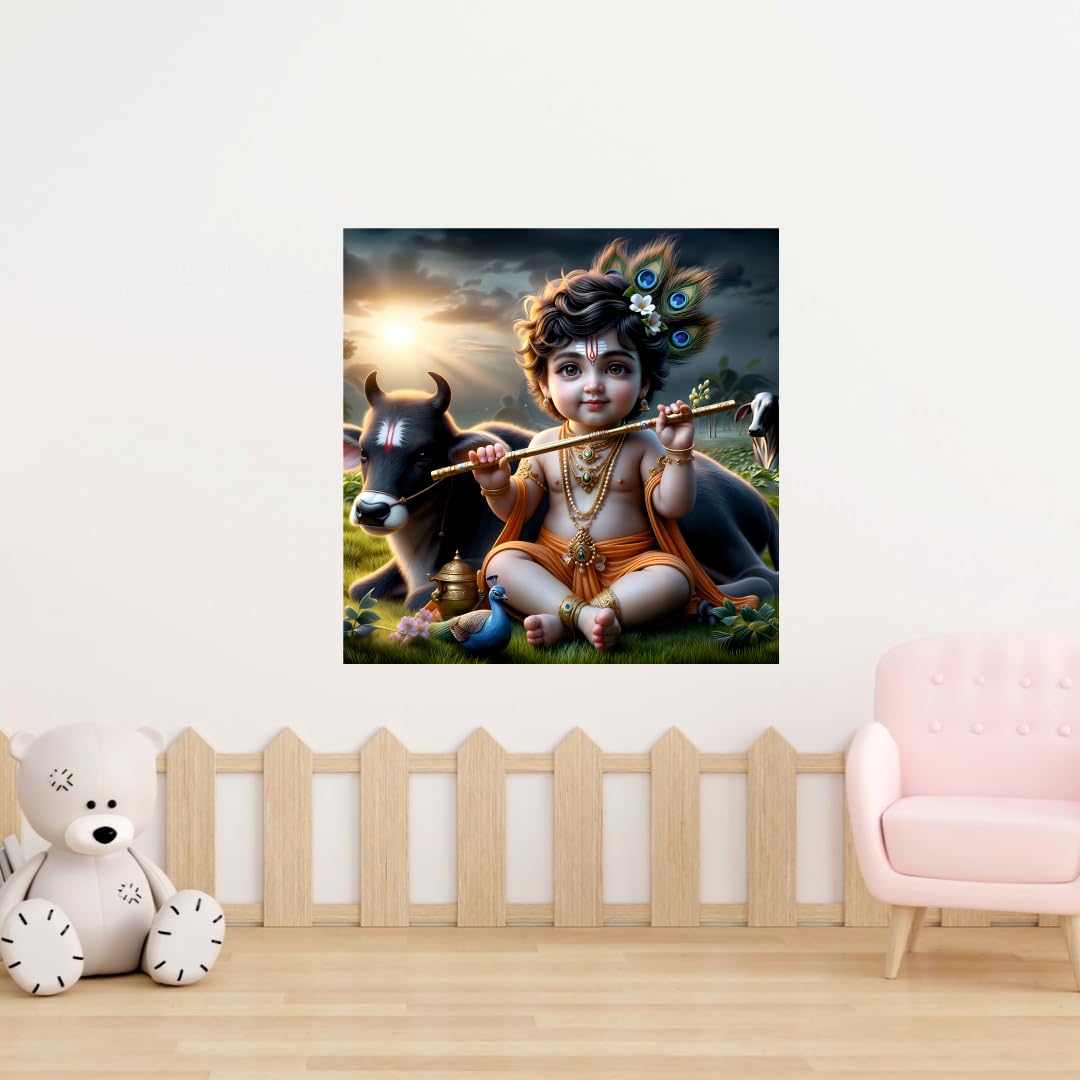 Cryptofeno Divine Baby Krishna Wall Art Poster - Artistic Décor with Peacock & Spiritual Charm - Premium Print for Prayer Room, Living Room & Bedroom - Vibrant Colors & Intricate Details - 40 x 40cm