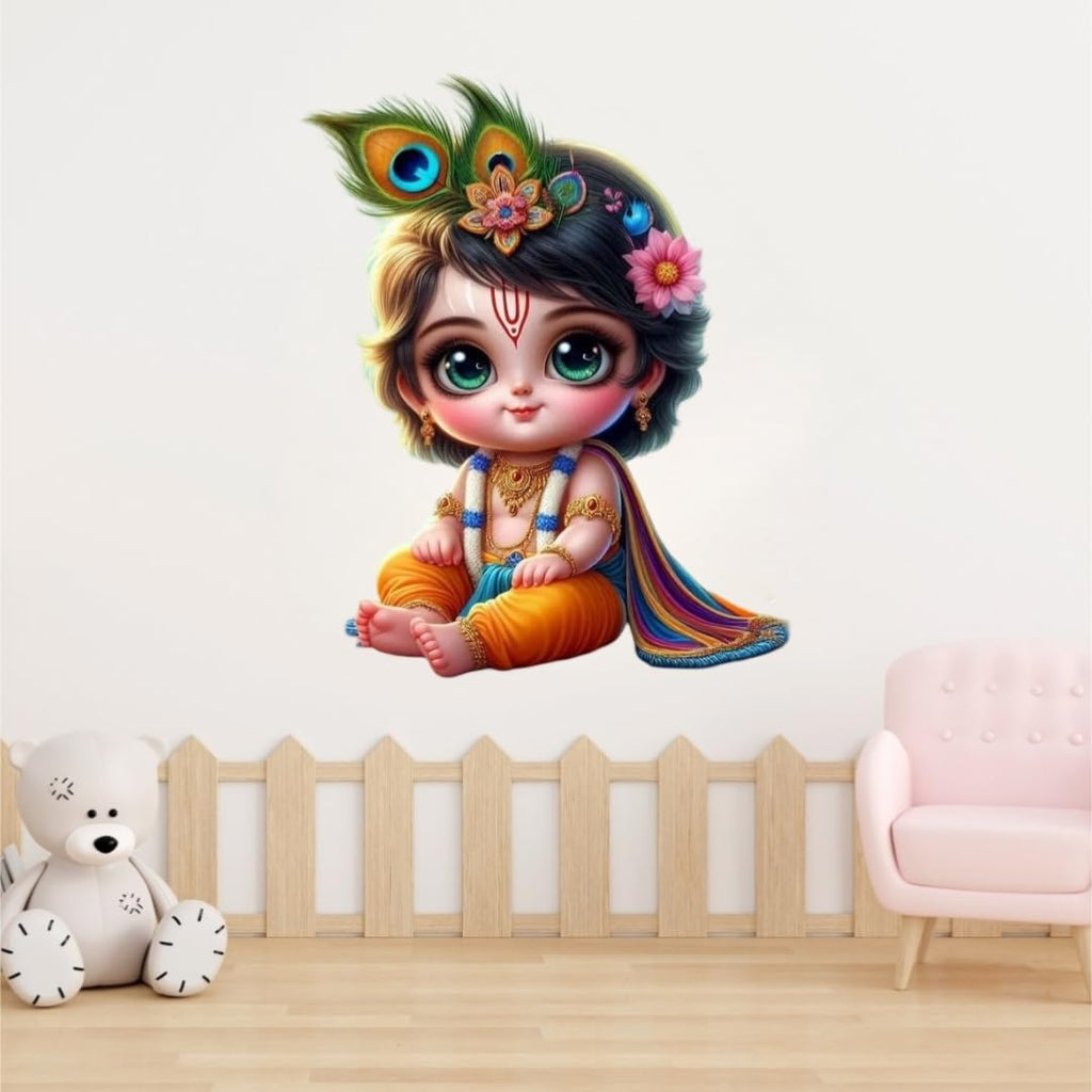 Cute Krishna Wall Sticker, Large Decorative Sticker for Living Room, Multicolour
