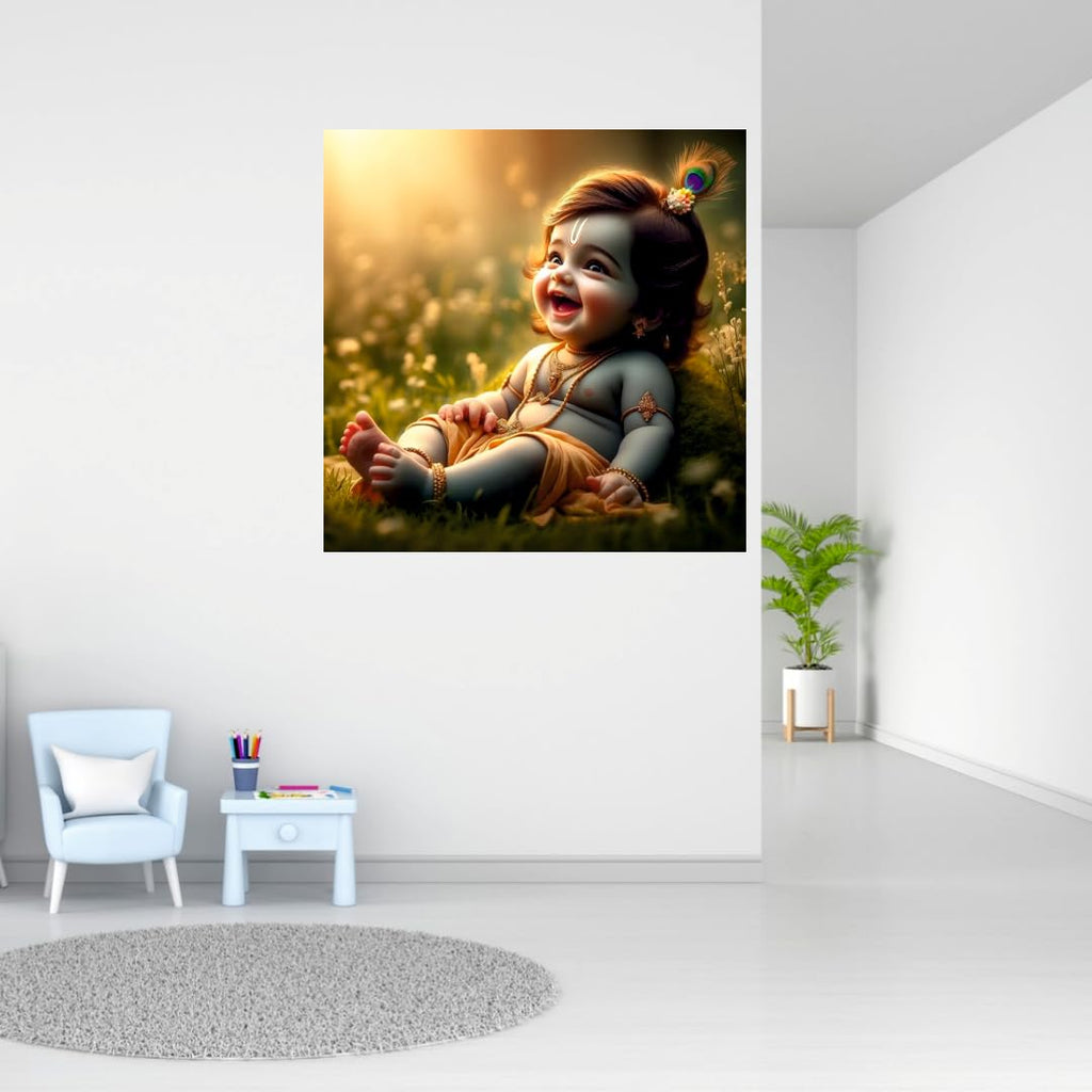 Baby Krishna Wall Sticker | Divine Décor Featuring Peacock Feather, Flute & Traditional Jewelry | Premium PVC Vinyl | Vibrant | Ideal for Living Room, Bedroom & Prayer Area | 40 x 40 cm