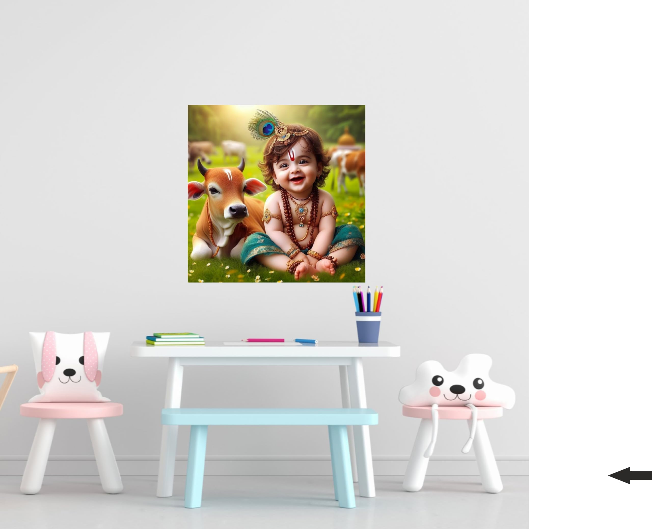 Cryptofeno Traditional Krishna Poster Wall Sticker Art Print with Cow, Religious Spiritual Decor Photography, 40 x 40cm