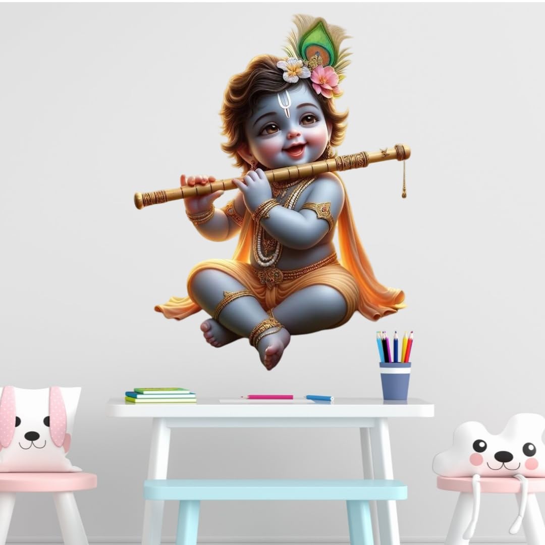 Cute Baby Krishna Wall Sticker, Large Decorative Vinyl Sticker with Flute Design, Orange and Blue