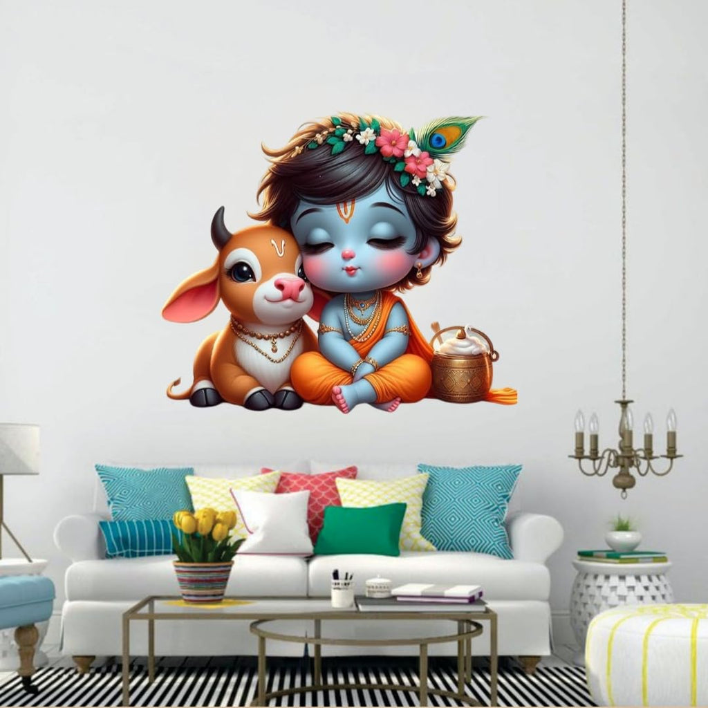 Hindu Deity Krishna with Cow Wall Sticker, Large Decorative Sticker for Living Room, Multicolour