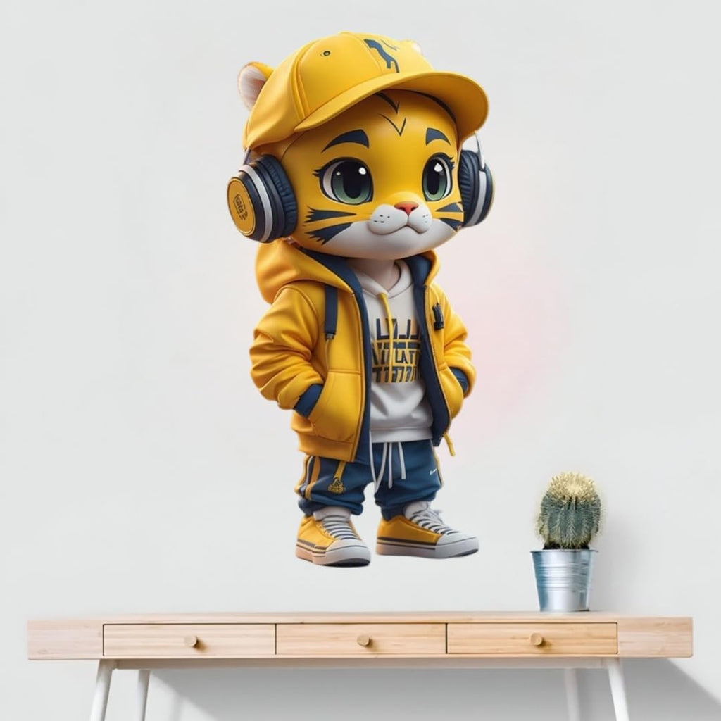 Cartoon Tiger Wall Sticker, Cute Sports Style Character with Headphones, Yellow Hoodie Design, Modern Room Decoration Wall Sticker