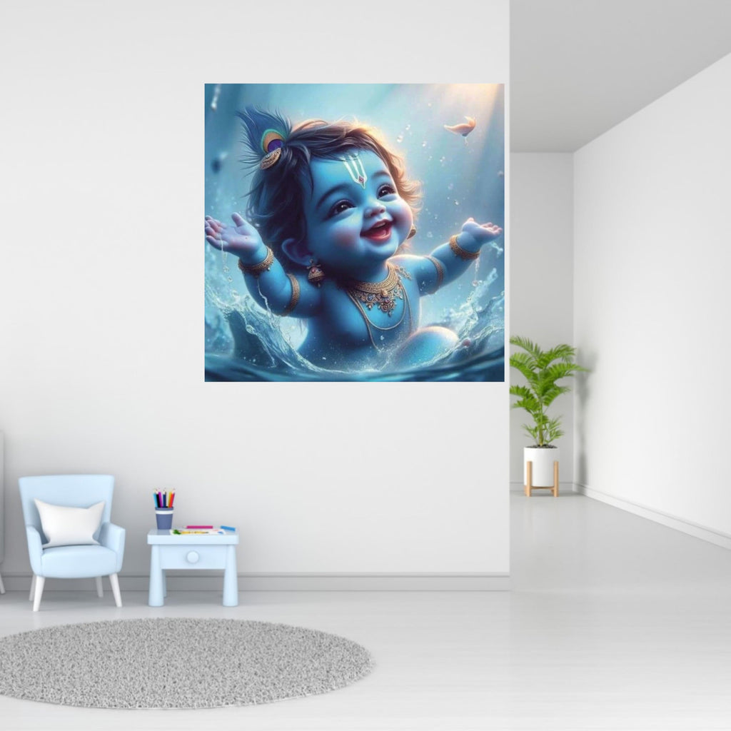 Divine Baby Krishna Wall Sticker | Spiritual Décor Featuring Peacock Feather, Flute & Intricate Jewelry | Premium PVC Vinyl | Ideal for Living Rooms, Bedrooms & Prayer Areas | 40 x 40 cm