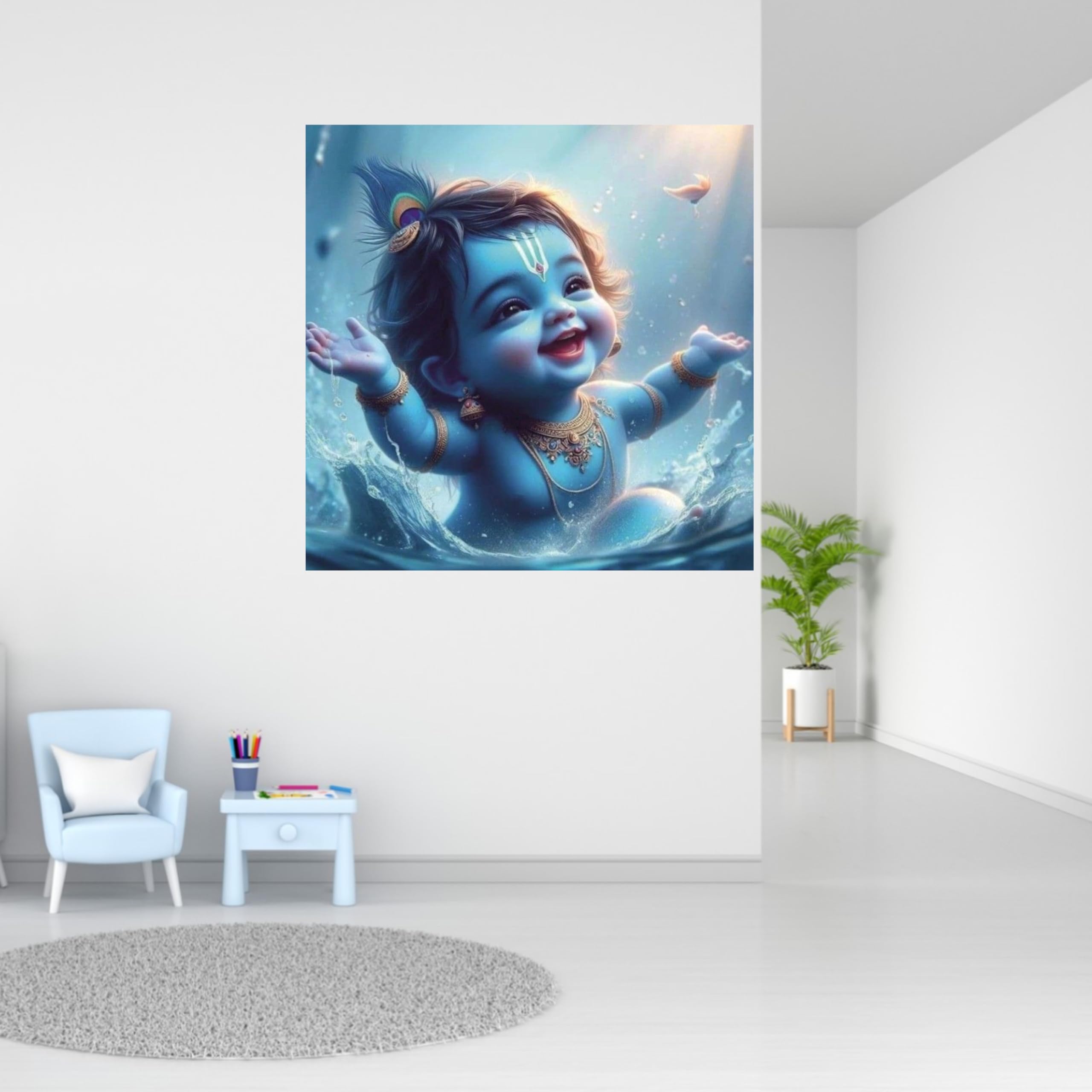 Divine Baby Krishna Wall Sticker | Spiritual Décor Featuring Peacock Feather, Flute & Intricate Jewelry | Premium PVC Vinyl | Ideal for Living Rooms, Bedrooms & Prayer Areas | 40 x 40 cm