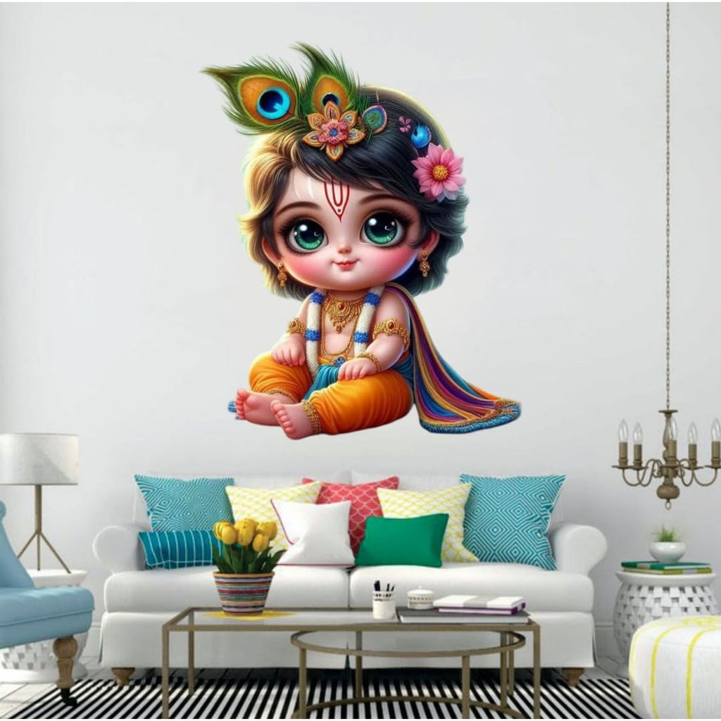 Cute Krishna Wall Sticker, Large Decorative Sticker for Living Room, Multicolour